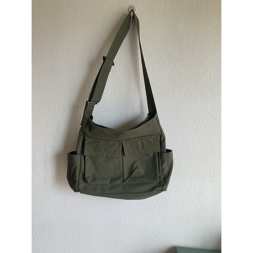 Green Crossbody Messenger Canvas Bag Pockets Adjustable Shoulder Straps